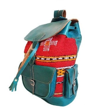 Genuine leather backpack with kilim