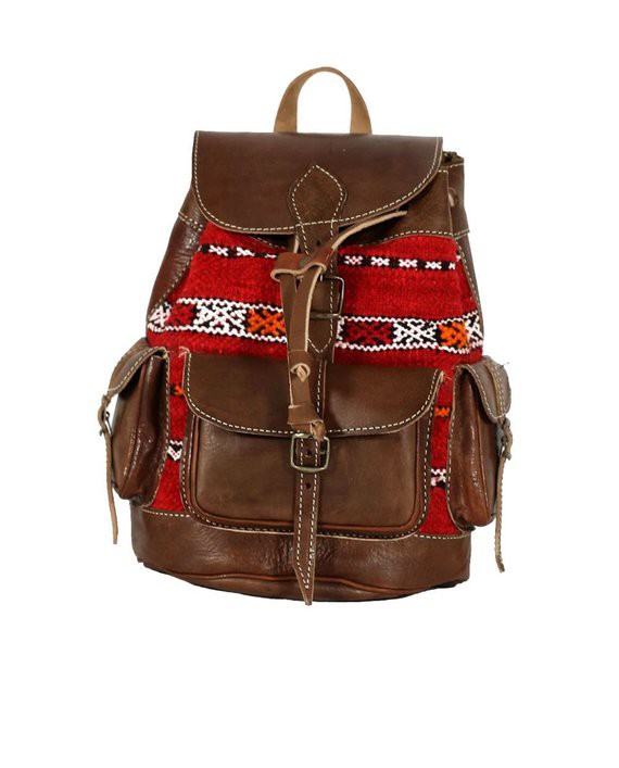 Genuine leather backpack with  kilim