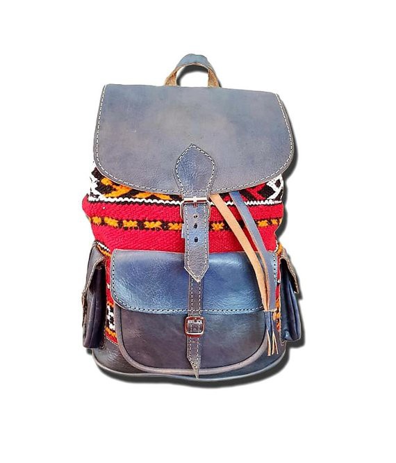 Genuine leather blue backpack with red kilim