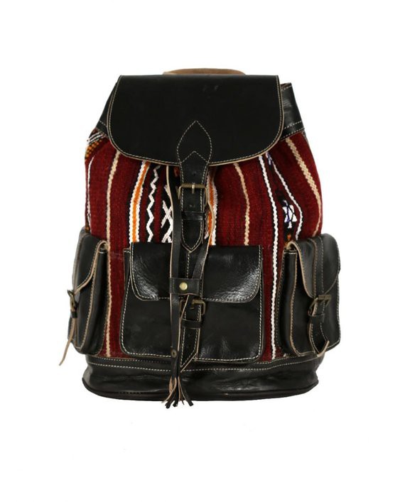 Genuine leather black backpack with red kilim