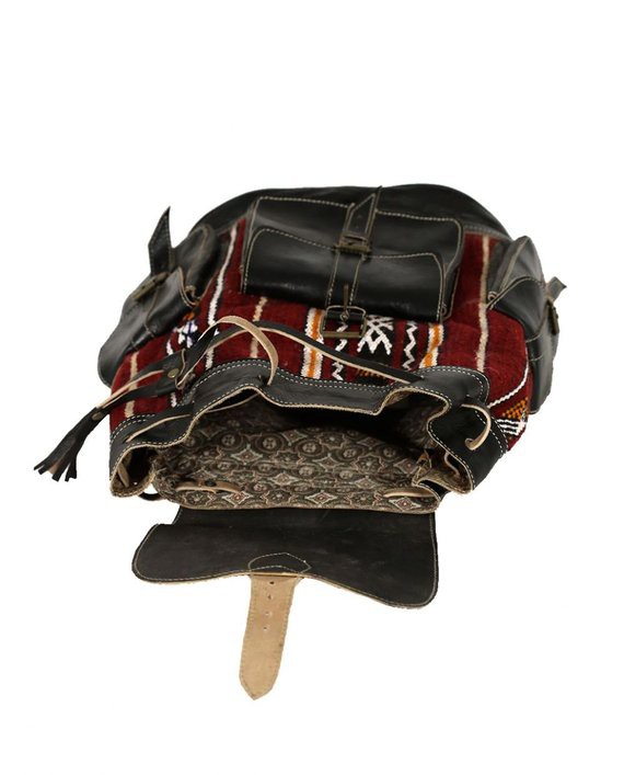 Genuine leather black backpack with red kilim